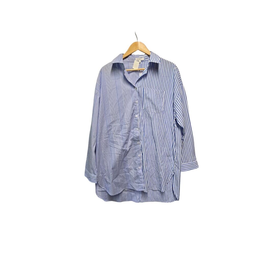 🩵BETTER BE Button Down Shirt Striped Blue & White‎ LARGE One Pocket Tunic